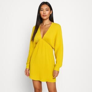 Asos Yellow Plisse Pleated V-neck Batwing Long Sleeve Tie Open Back Mini Dress 6